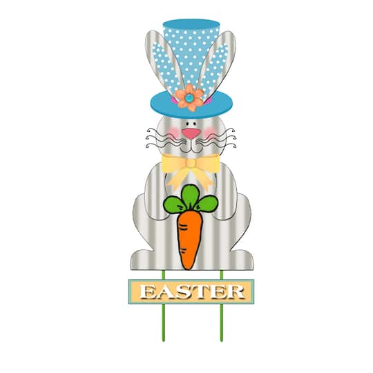 31.5" Metal Welcome Easter Bunny with Blue Hat Garden Stake